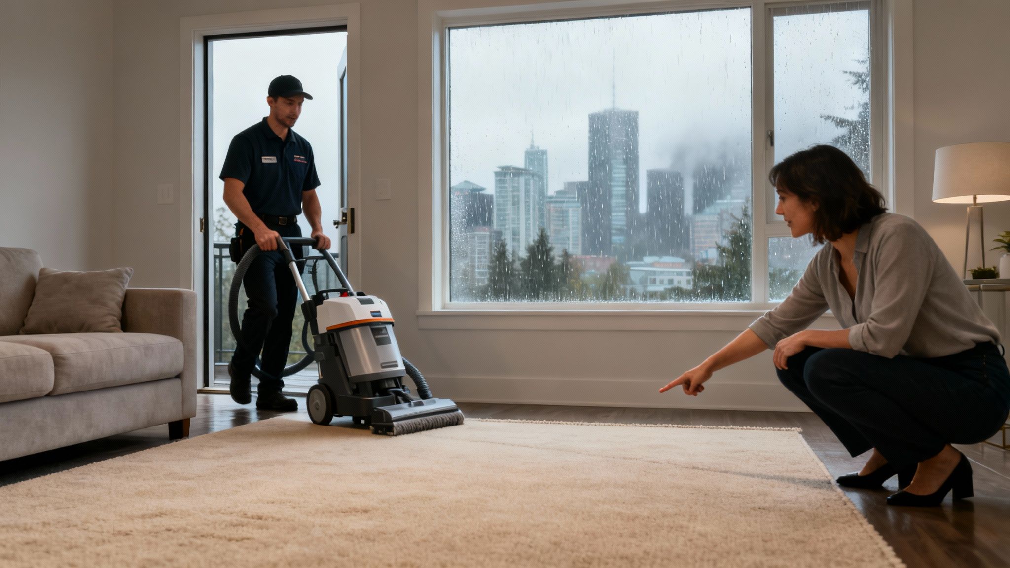 Carpet cleaning service technician cleaning a rug, while a customer points to an area.