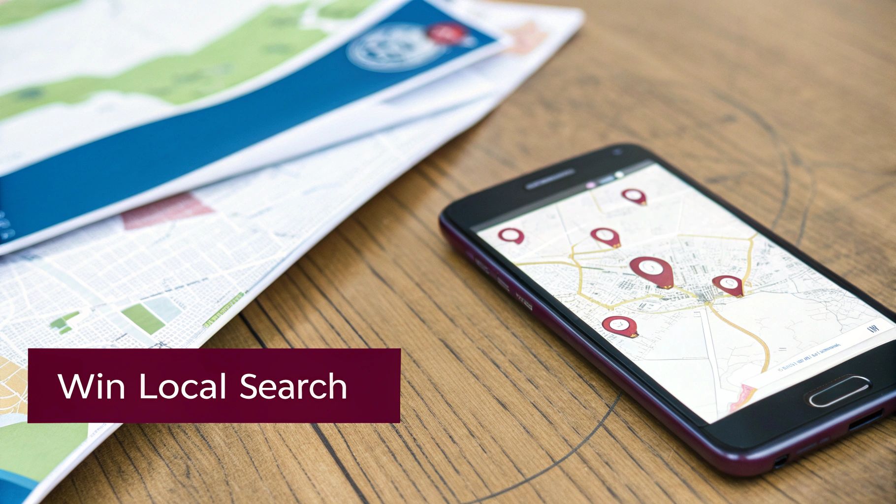 A smartphone on a wooden table displays a map with multiple location pins, symbolizing local search optimization.