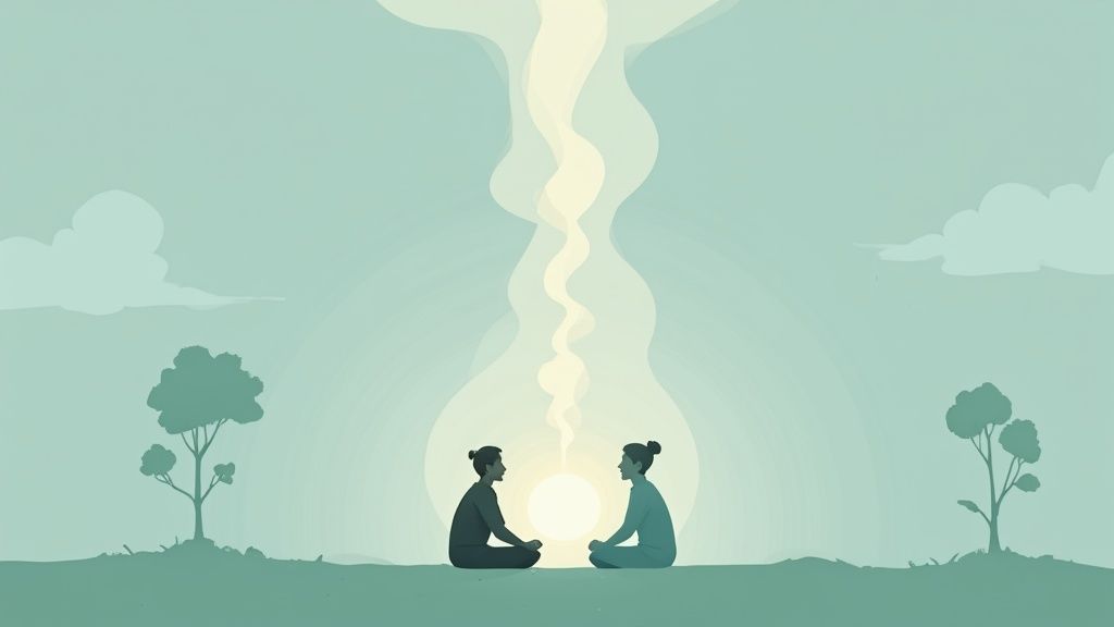 A woman sitting peacefully with her eyes closed, with a soft, glowing light emanating from her chest.