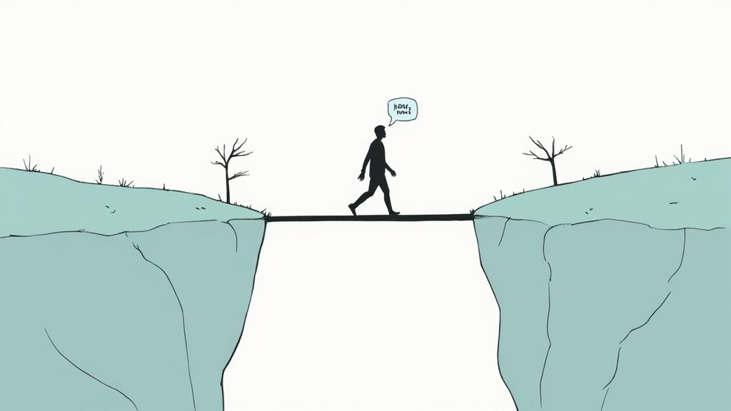 A person at a crossroads looking at two different career paths, one representing their old job and the other a new fulfilling one.