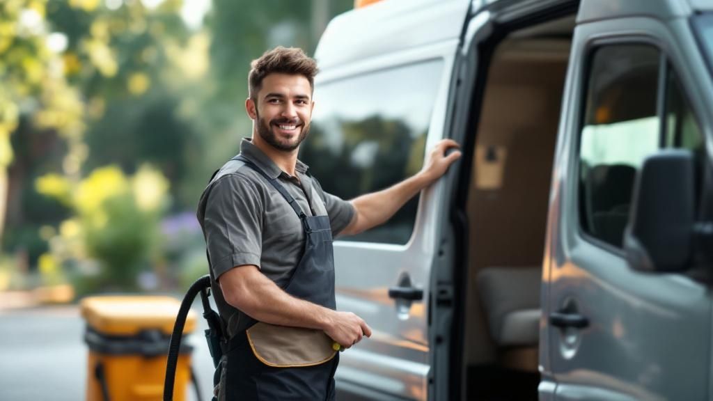 A hand holding a spray bottle with a green leaf logo, pointed towards a clean, modern sofa.