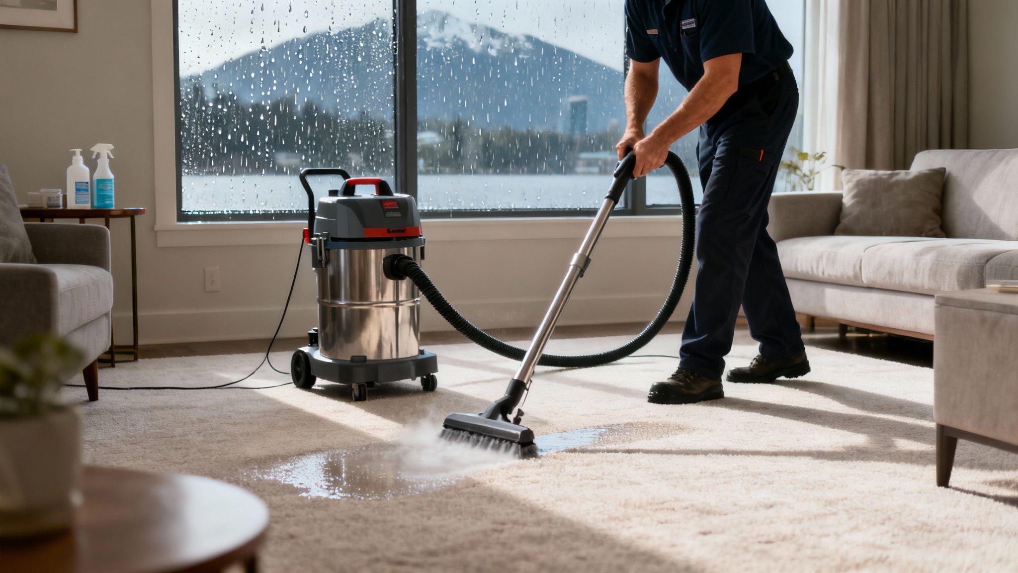 A professional carpet cleaner uses an industrial machine to deep clean a wet area of a living room carpet.