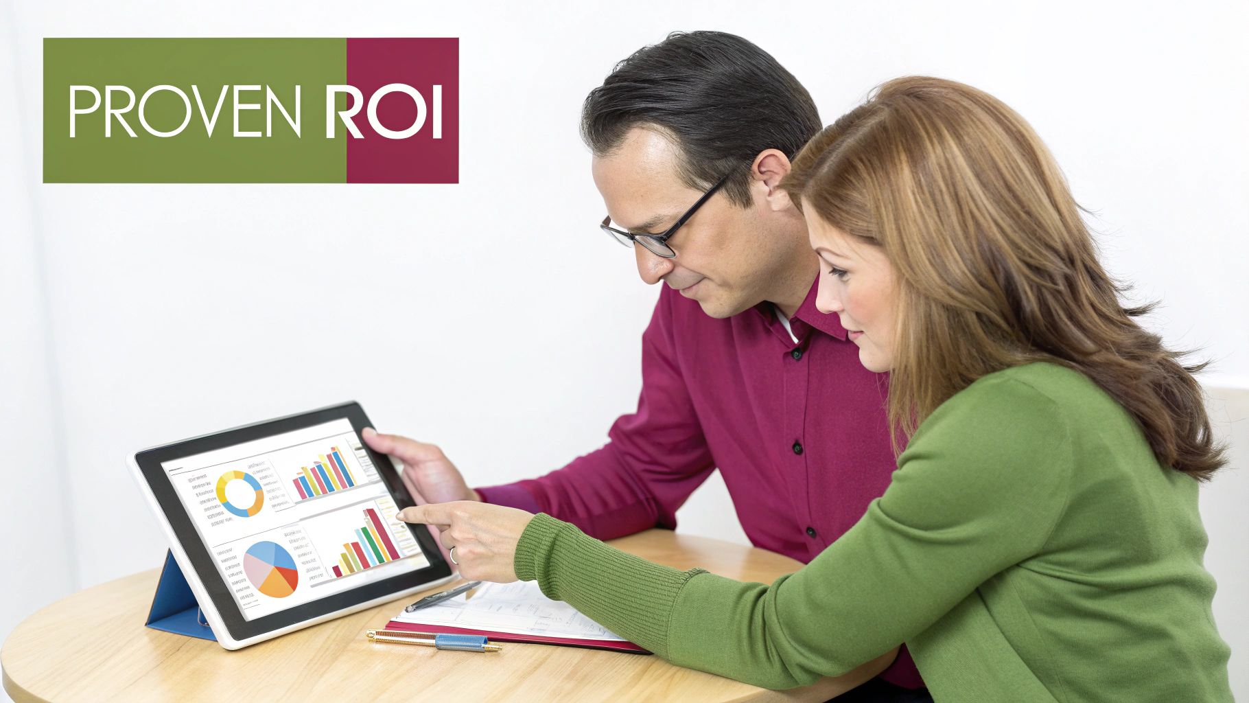 Two professionals discussing business data and proven ROI on a tablet, pointing at charts.