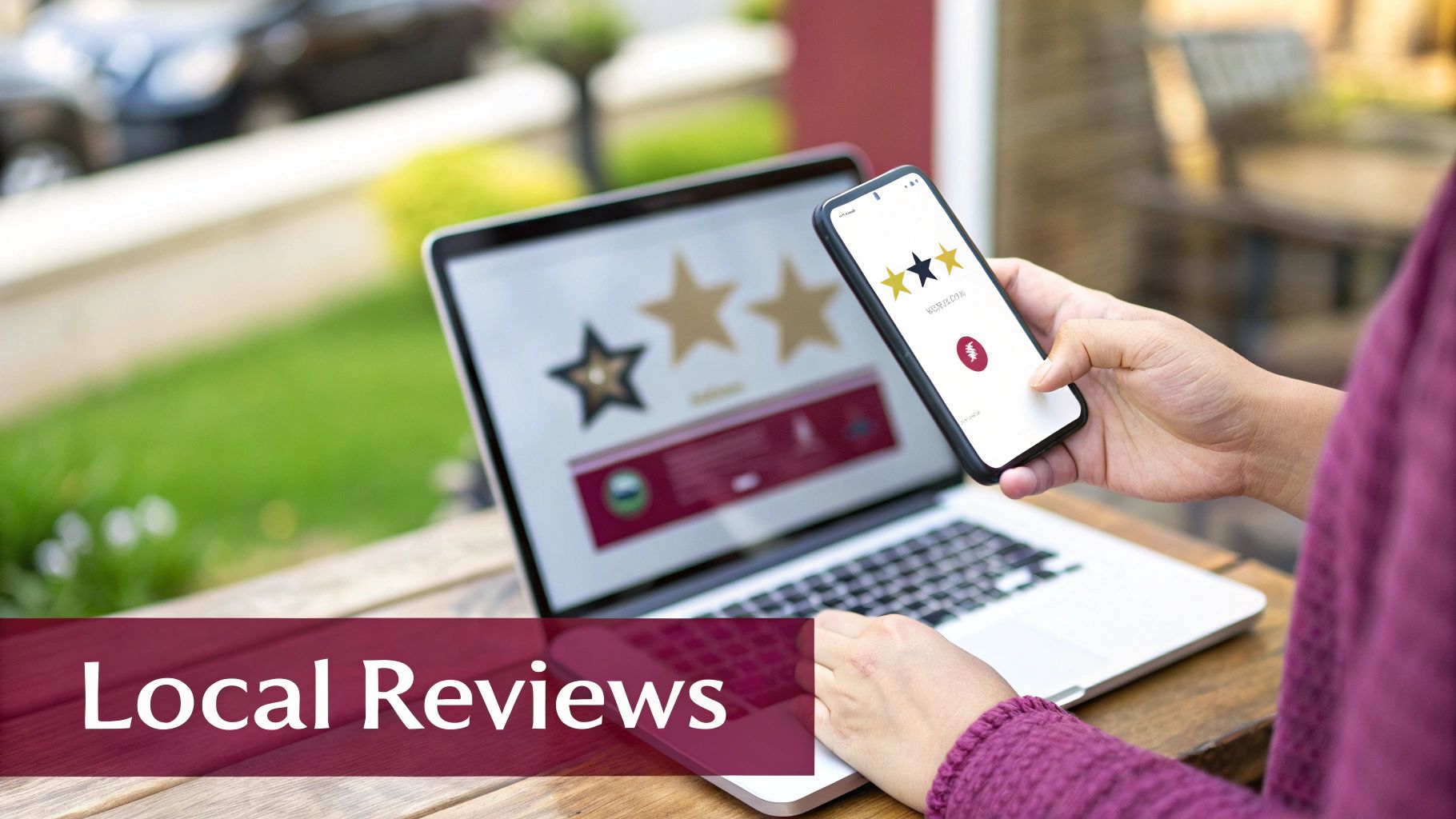 Person's hands interacting with a laptop and smartphone, both displaying star ratings for local reviews.