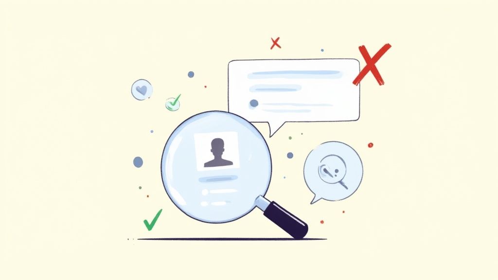 Illustration of a magnifying glass examining a user profile, surrounded by approval checkmarks and rejection crosses.