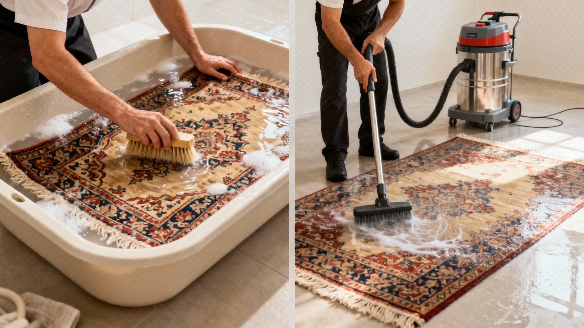 A professional carefully cleaning a Persian rug by hand