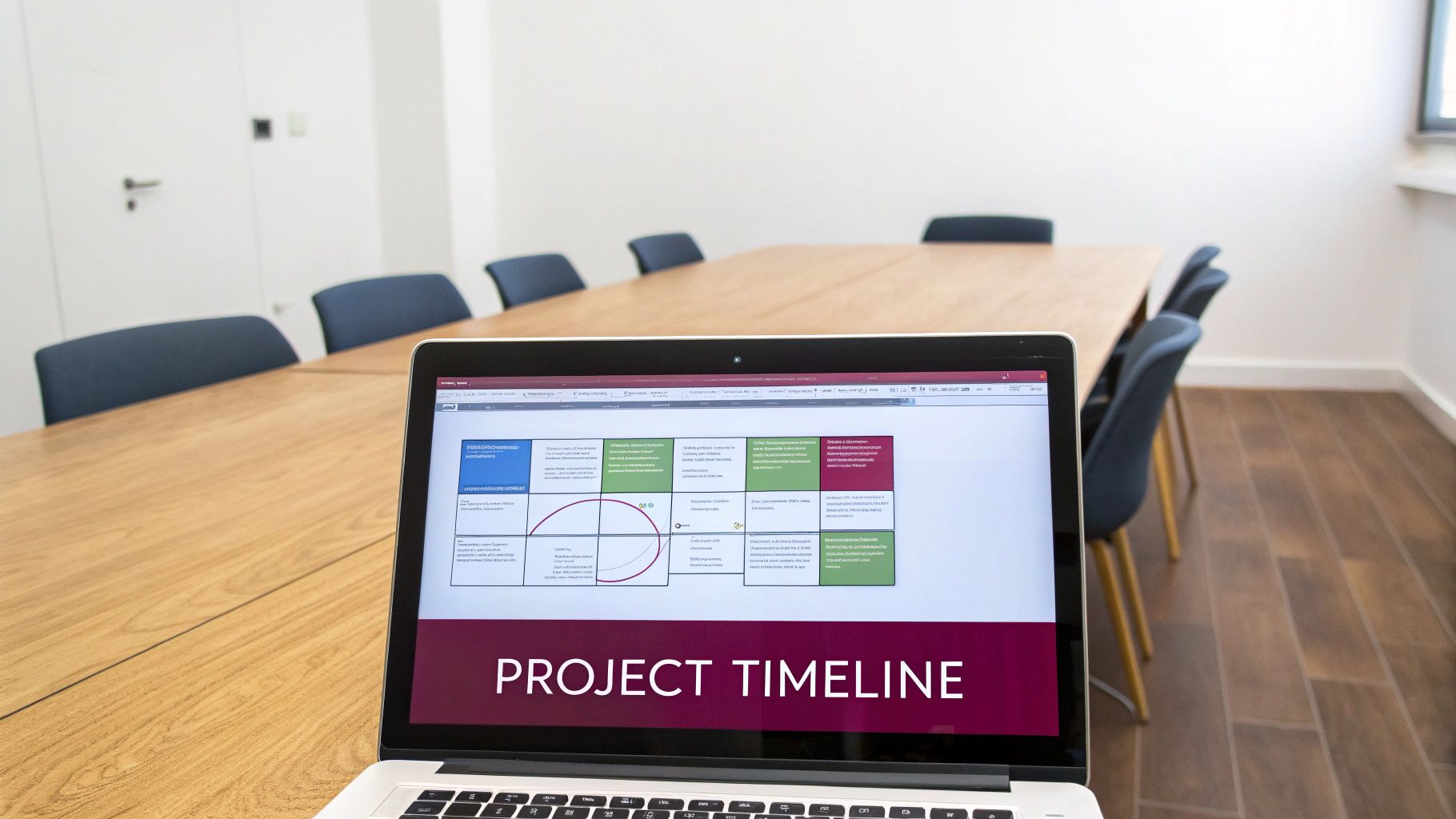 A laptop displaying a 'PROJECT TIMELINE' presentation on a wooden conference table in an empty meeting room.