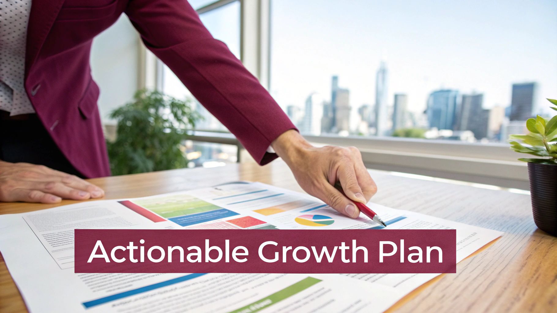 A person points to a business document with charts, titled 'Actionable Growth Plan', in a modern office with a city view.