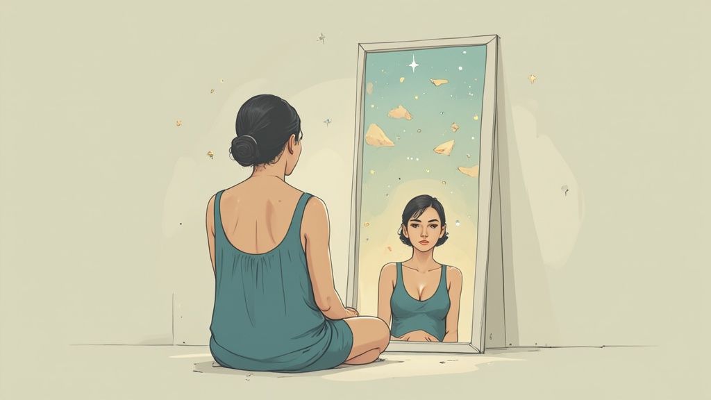 A woman meditates before a mirror, her reflection shows an imaginative, empowered self.