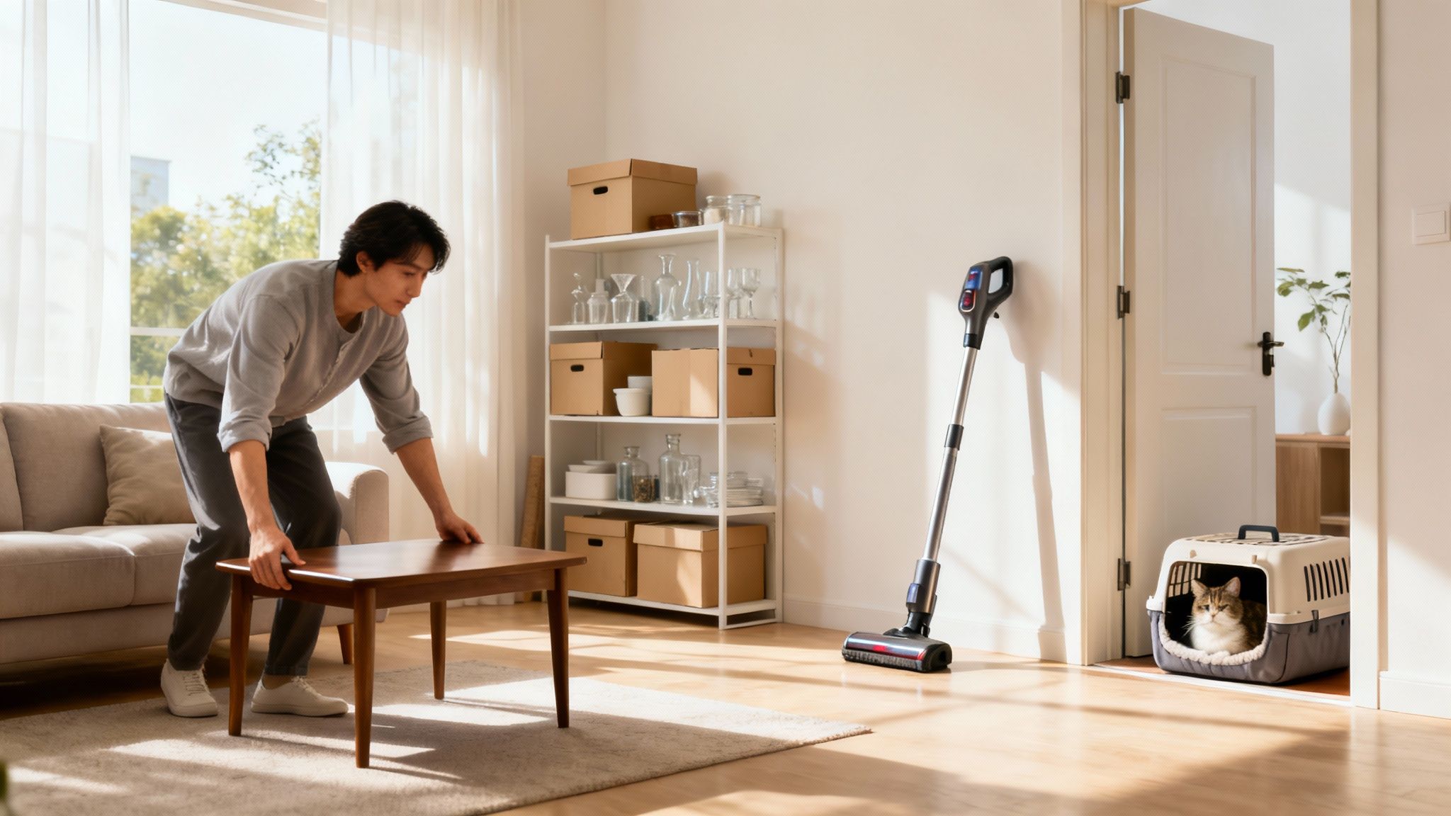 A tidy living room with a vacuum cleaner in the foreground, ready for professional carpet cleaning.