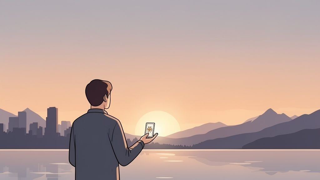 Man holding a mystical card faces a scenic sunset over a lake, city, and distant mountains.
