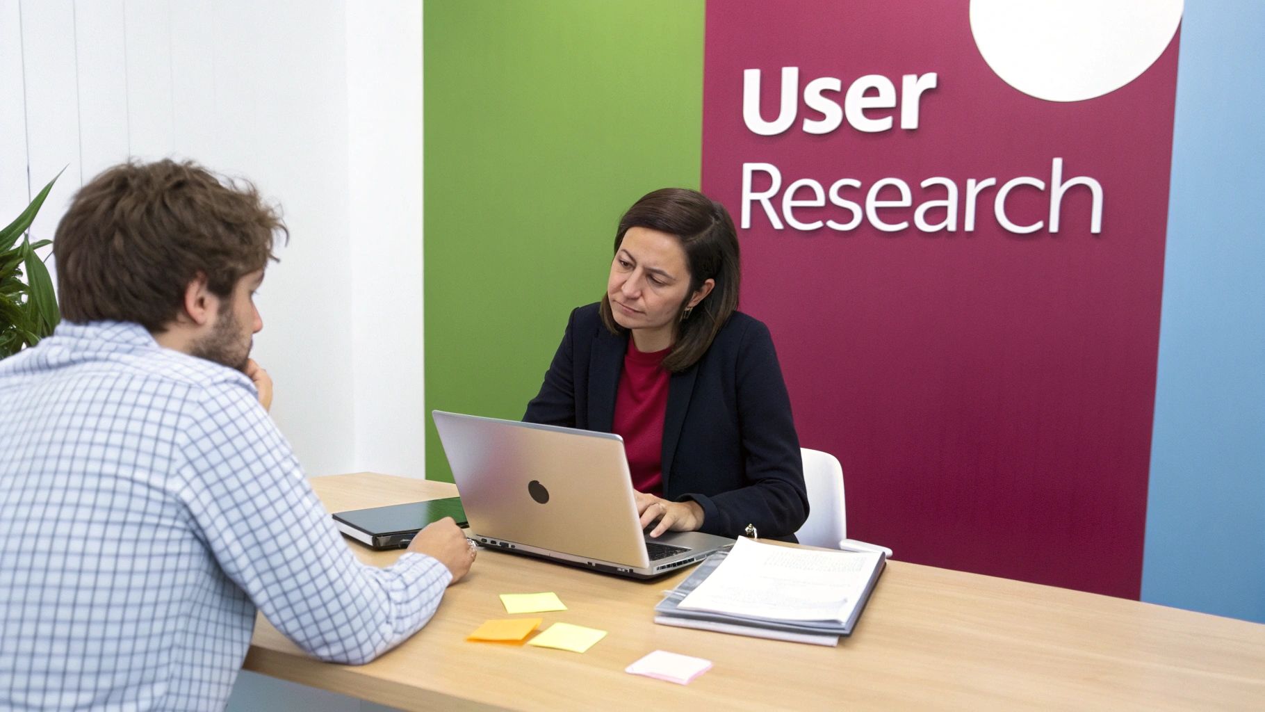 Two people at a desk collaborating on user research with a laptop and sticky notes.
