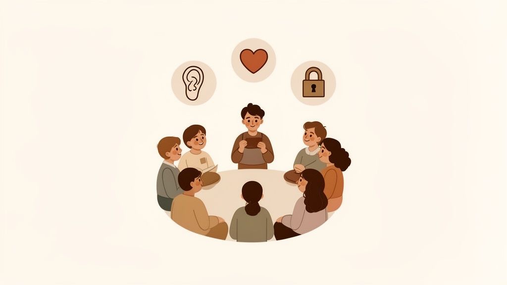 A diverse group of people sitting in a circle with icons for listening, empathy, and confidentiality.
