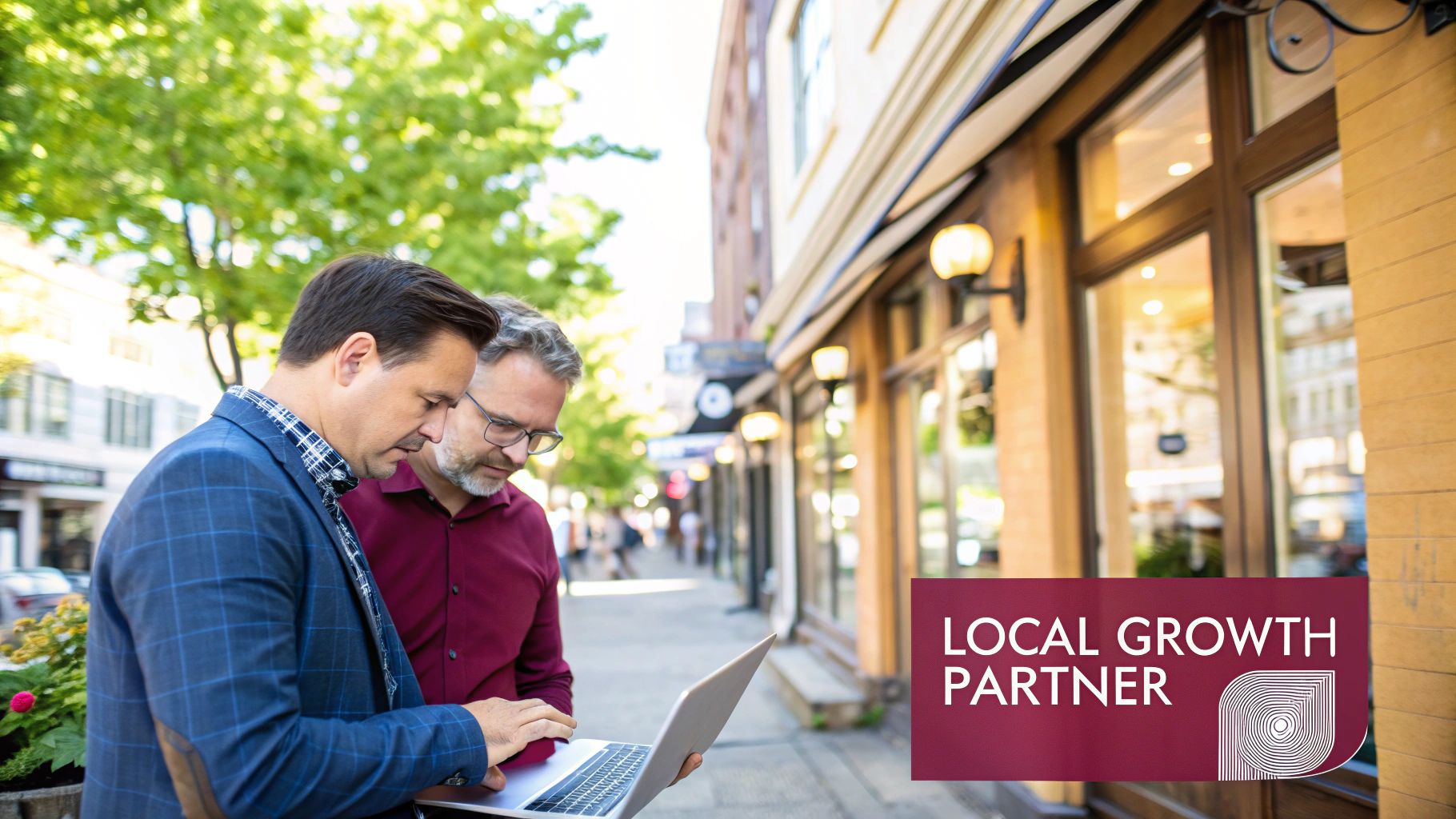 Two business partners discuss information on a laptop outdoors on a sunny city street.