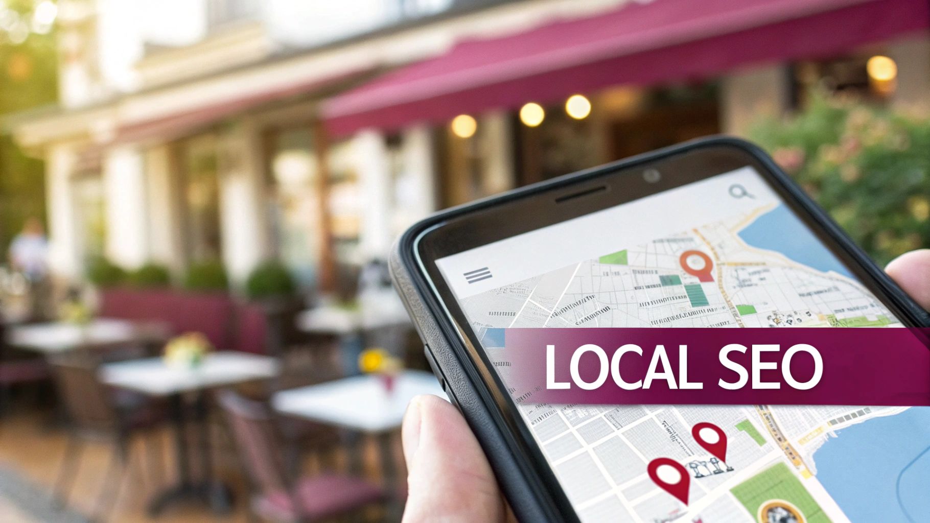 A hand holds a smartphone displaying a map with location pins and an overlay saying "LOCAL SEO", with a blurred cafe in the background.