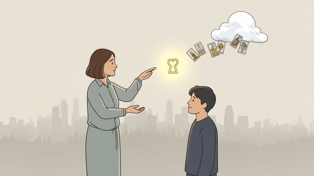 A woman guides a boy towards a glowing keyhole, with tarot cards falling from a cloud.