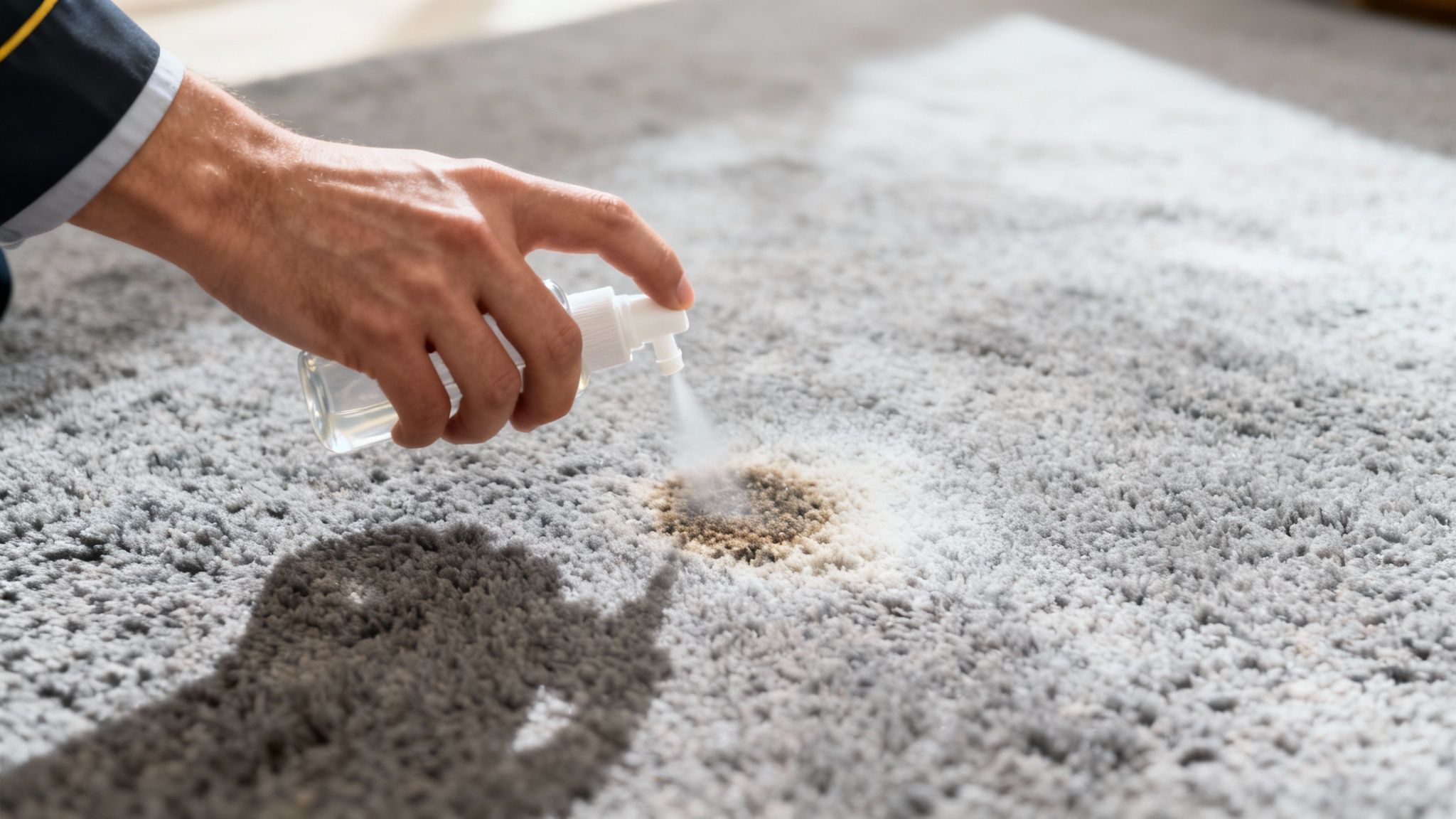 A person's hand sprays a white cleaning bottle onto a brown stain on a grey shaggy carpet.