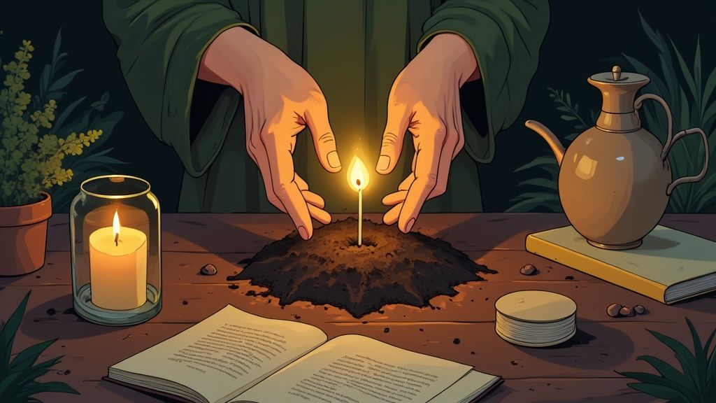 Hands gently cup a lit matchstick planted in soil, flanked by a candle and open book.