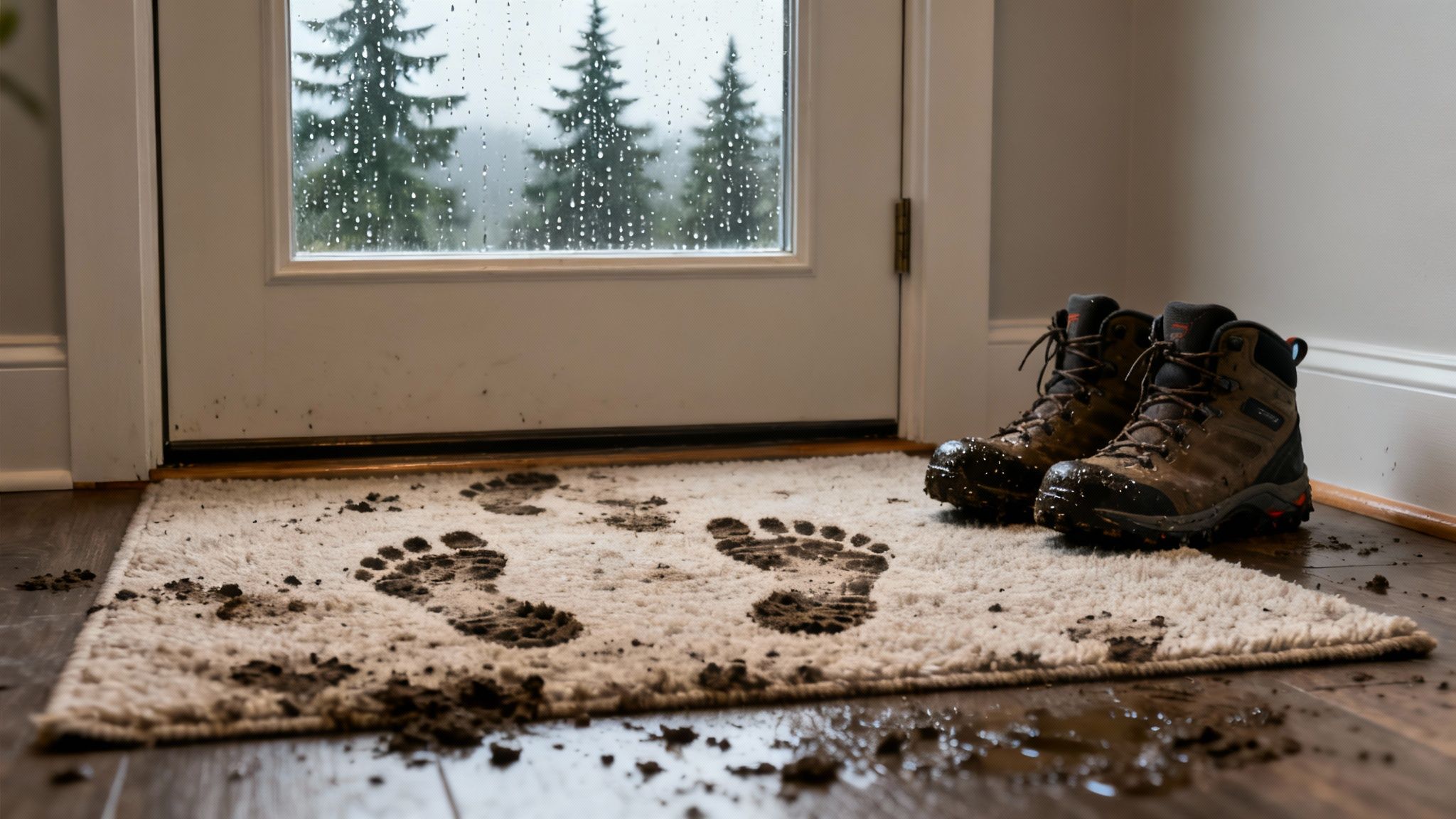Muddy hiking boots on dirty doormat at home entrance with rain visible outside