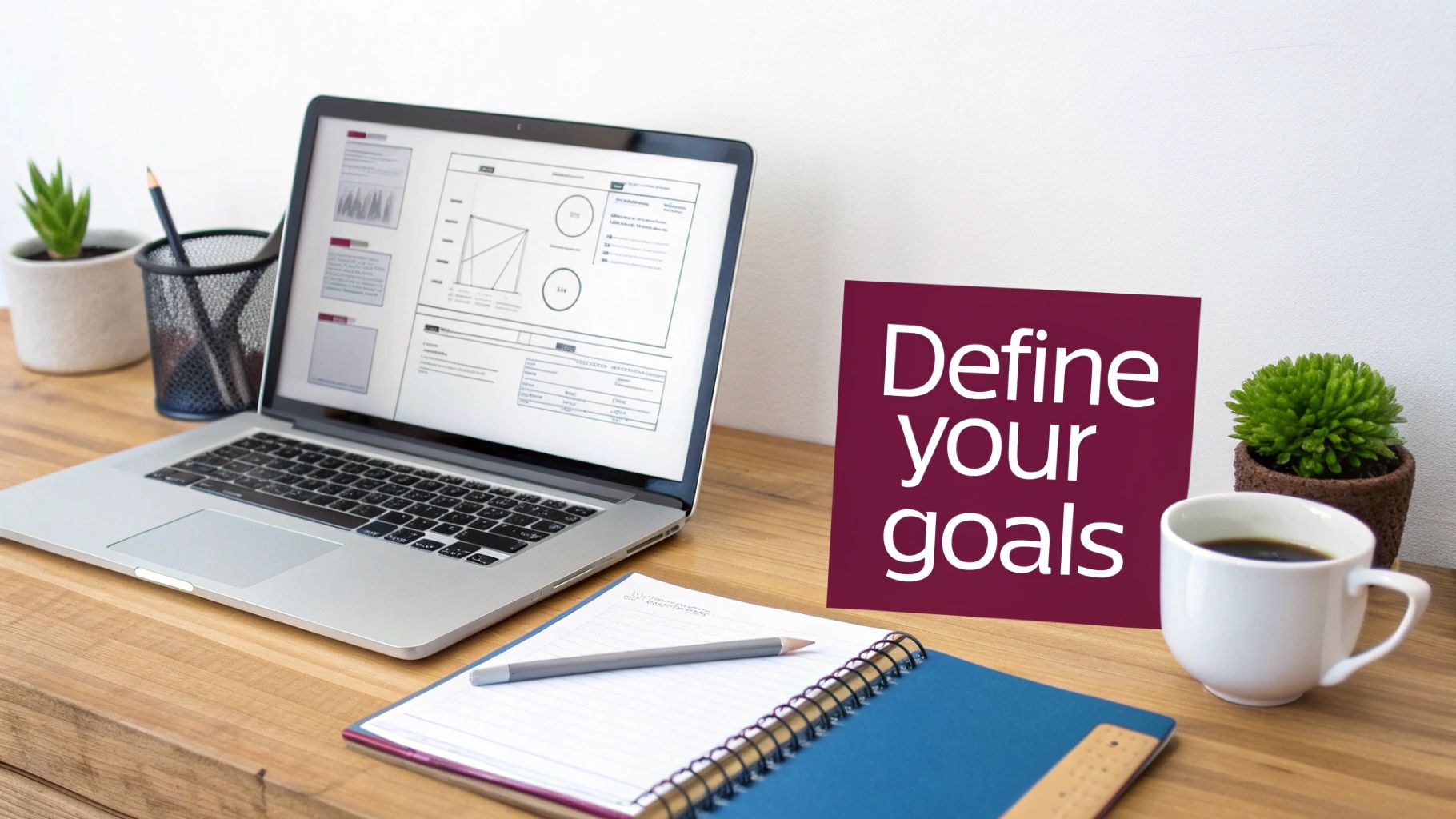 A productive workspace featuring a laptop displaying data, a notebook, coffee, and a sign encouraging goal definition.