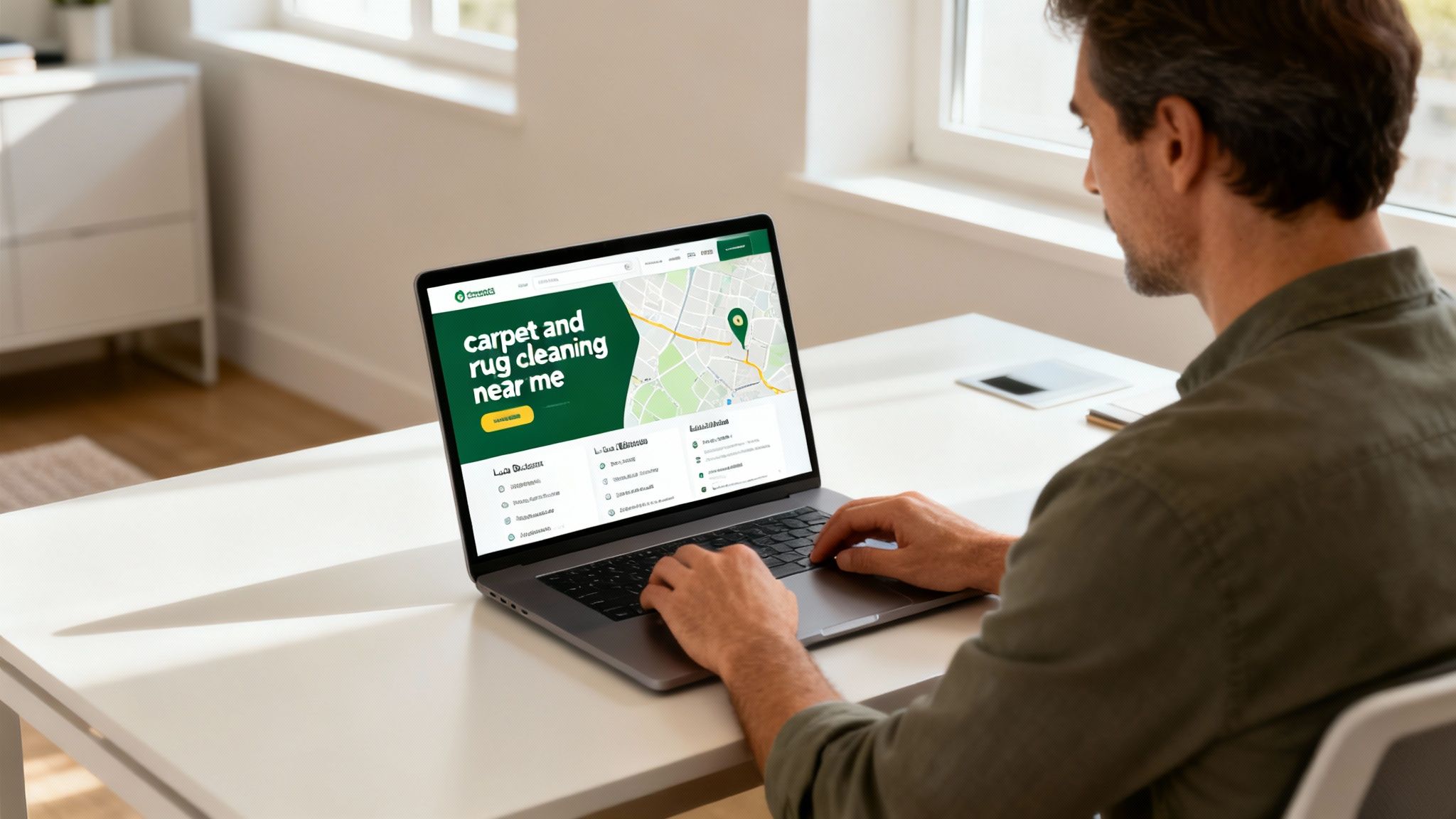 A professional carpet cleaner using an extraction machine on a light-coloured carpet.