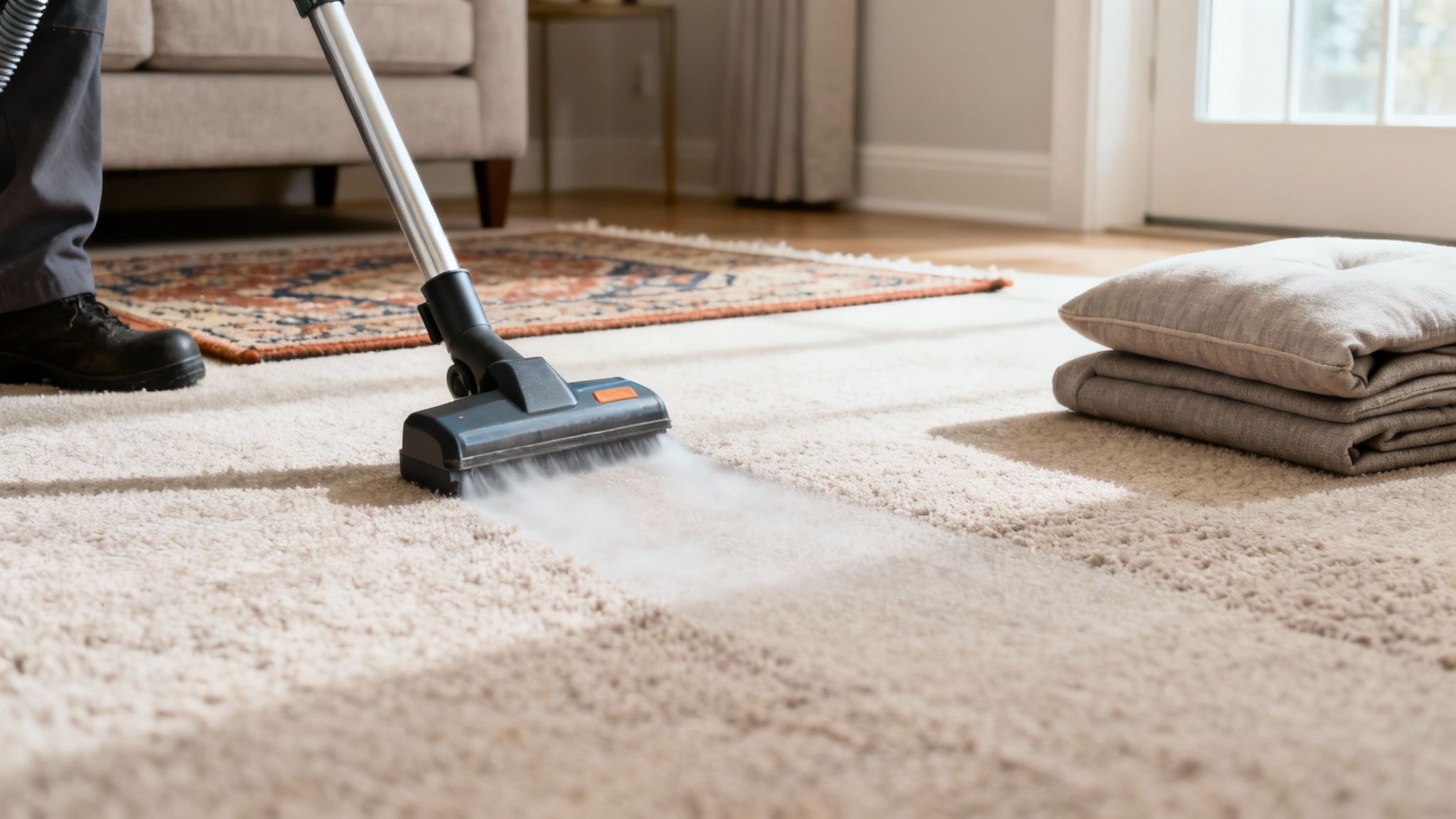 A professional technician cleaning a light-coloured carpet with specialized equipment in a well-lit living room.