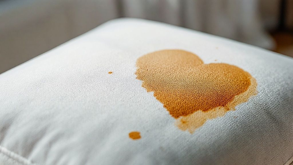 A team of two professional cleaners in uniform discussing a cleaning plan in a client's living room.