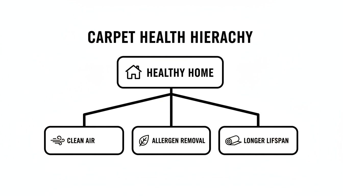 A diagram illustrating the Carpet Health Hierarchy: Healthy Home connected to Clean Air, Allergen Removal, and Longer Lifespan.