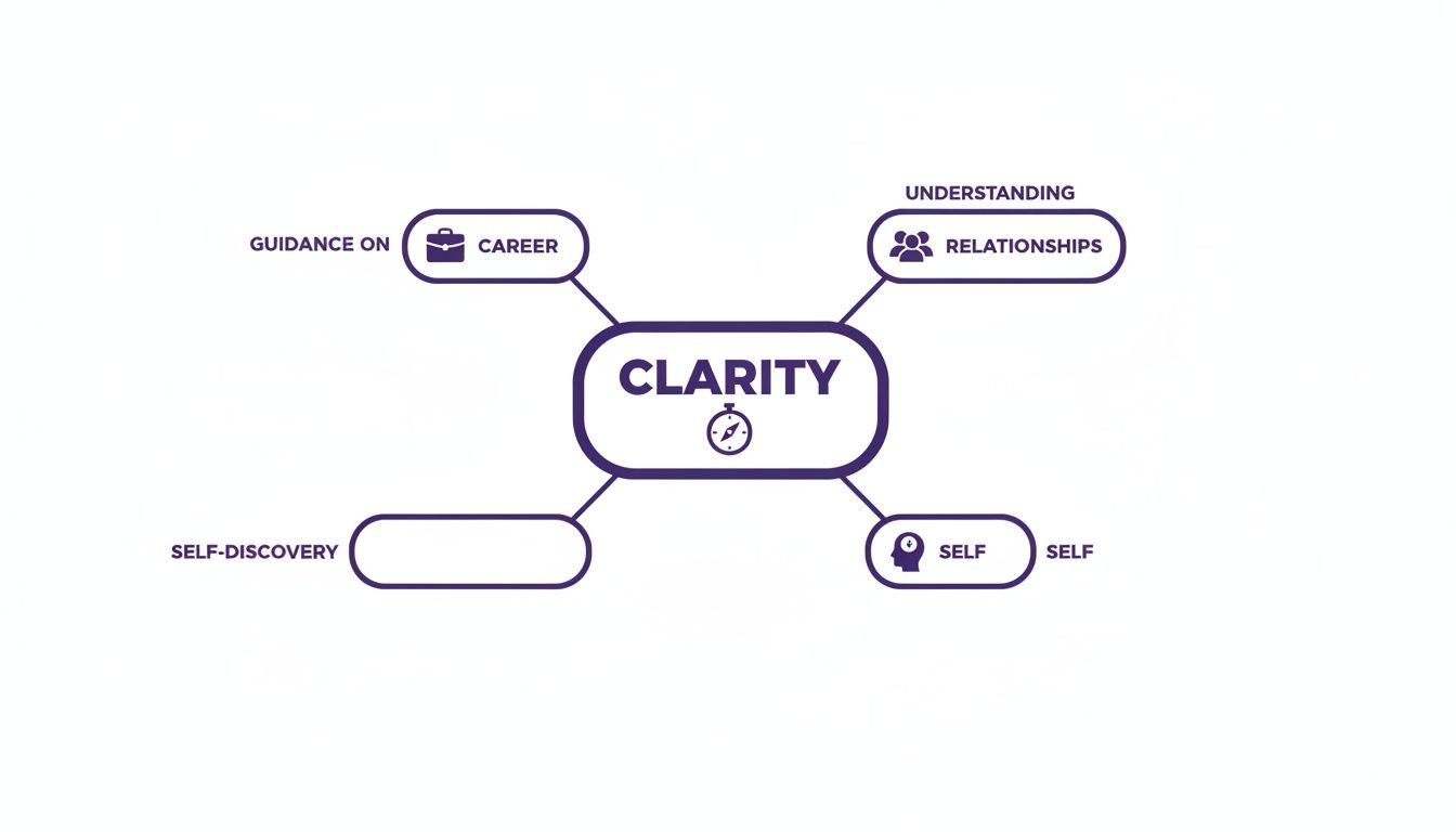 A mind map diagram showing 'Clarity' at its center, with four radiating concepts.