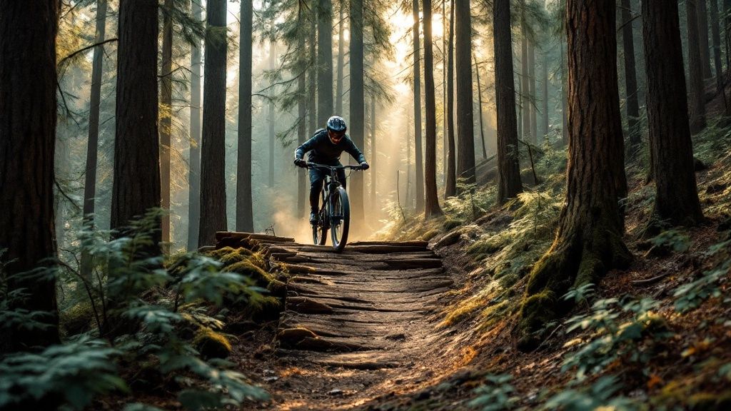 A mountain biker navigating a technical wooden feature on a lush North Shore trail.