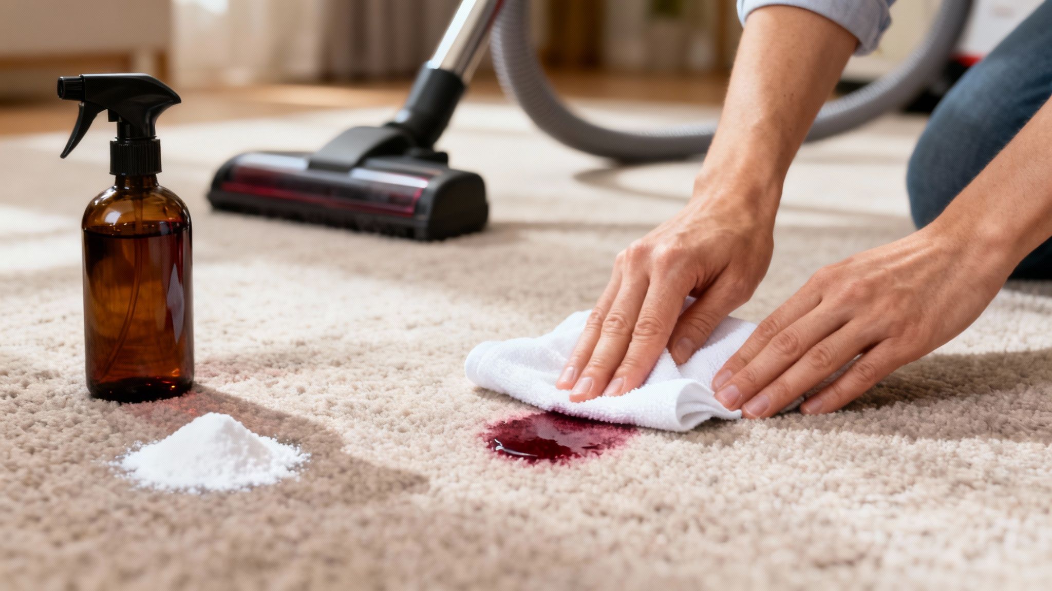 A person kneeling on a light-coloured carpet, using a cloth to spot-clean a small stain.