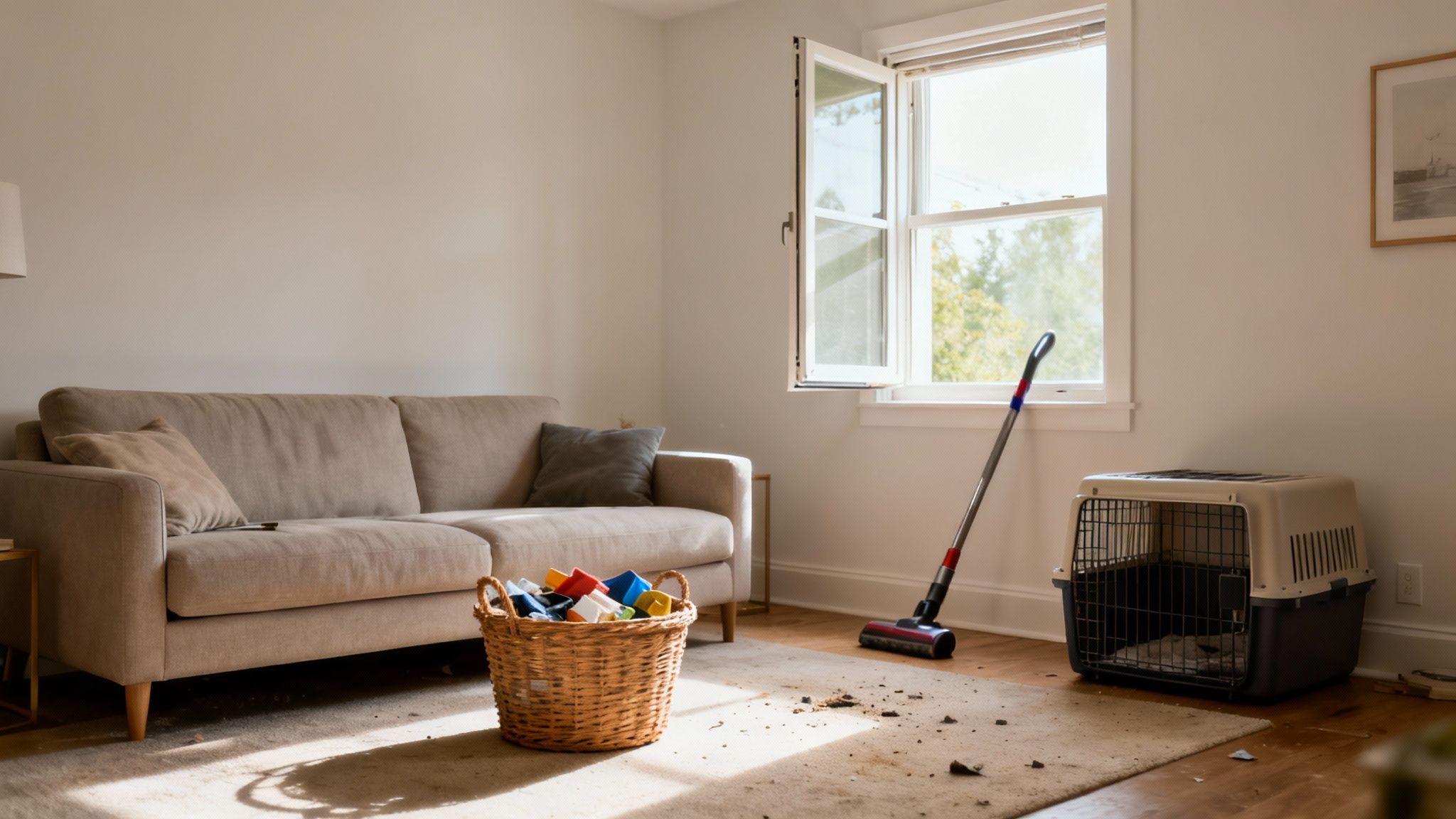 A living room in disarray with a vacuum cleaner, pet crate, and toys, hinting at recent mess or cleanup.