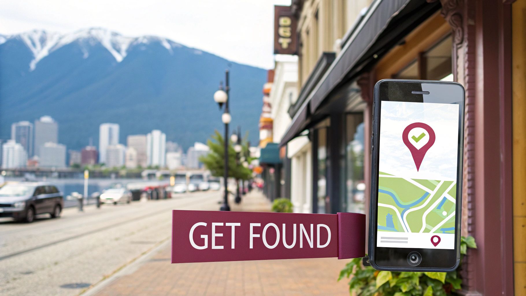 Smartphone with map app and 'GET FOUND' banner on a vibrant street with mountains and city skyline.