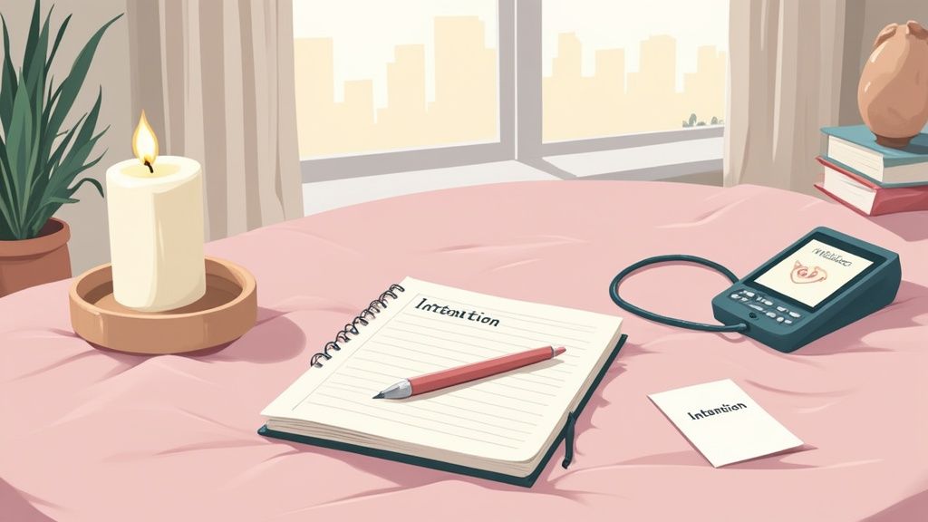 Intention journal with pen, candle, and tarot card reader on pink bed workspace