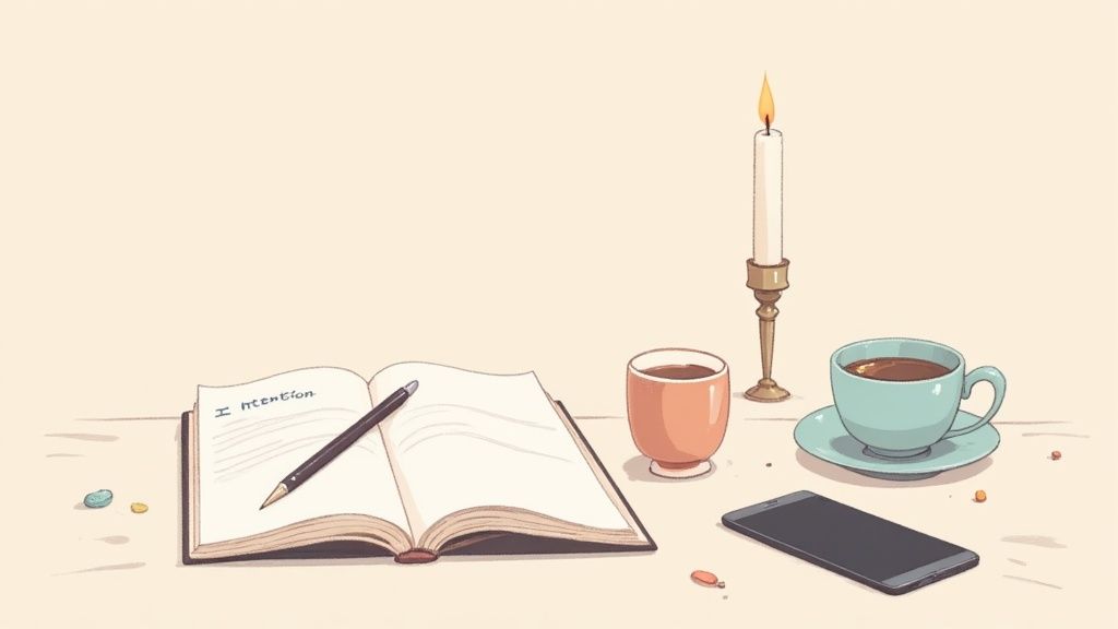 A cozy desk setup with a lit candle, open journal, pen, two coffee cups, and a smartphone.