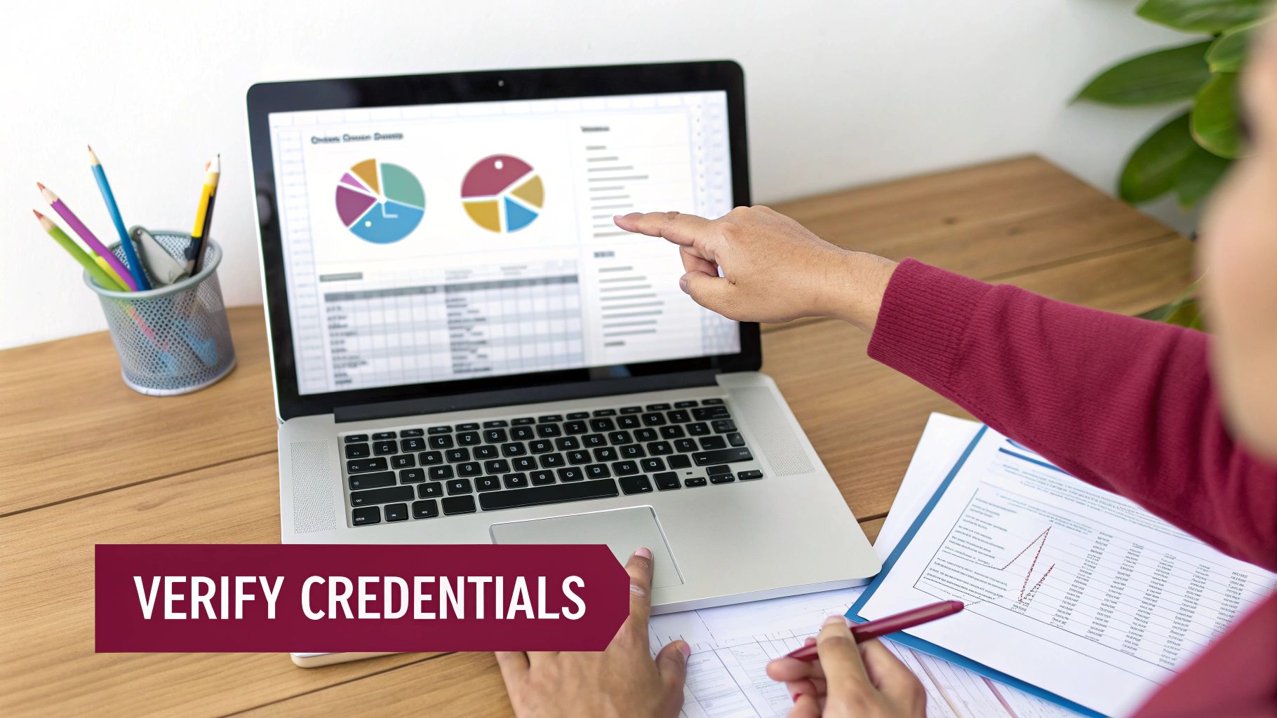 Person pointing at a laptop displaying data and charts, with documents and a pen on a wooden desk. Text: VERIFY CREDENTIALS.