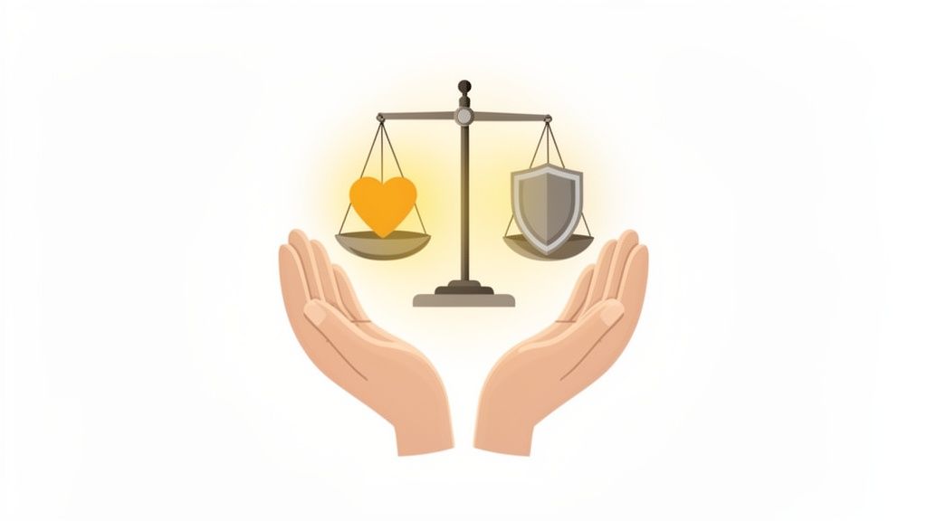 A pair of hands supports a balance scale showing a heart on one side and a shield on the other.