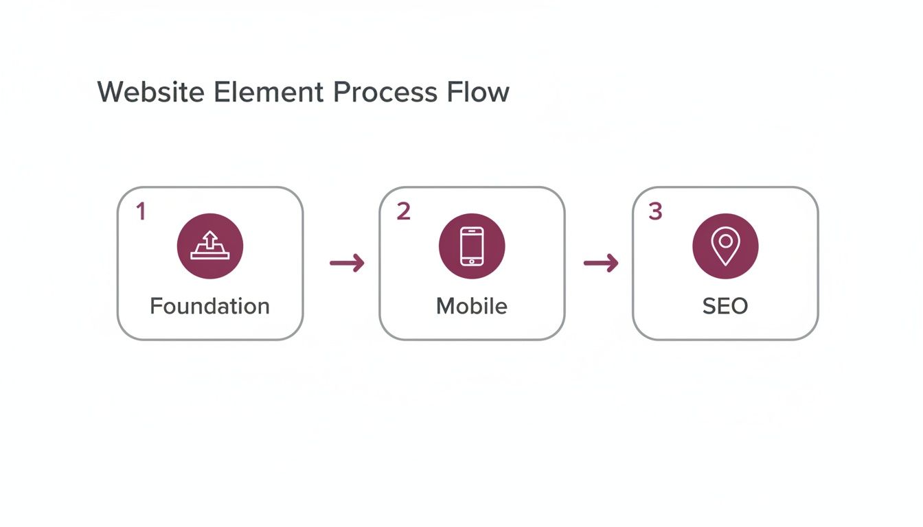 A three-step process flow for website elements: Foundation, Mobile, and SEO with icons.