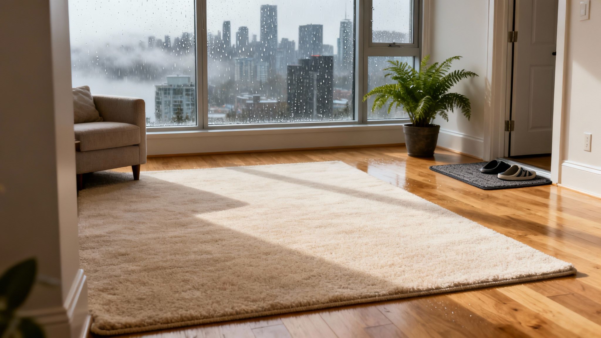 A modern apartment interior with a cozy cream rug and a large window displaying a rainy city.