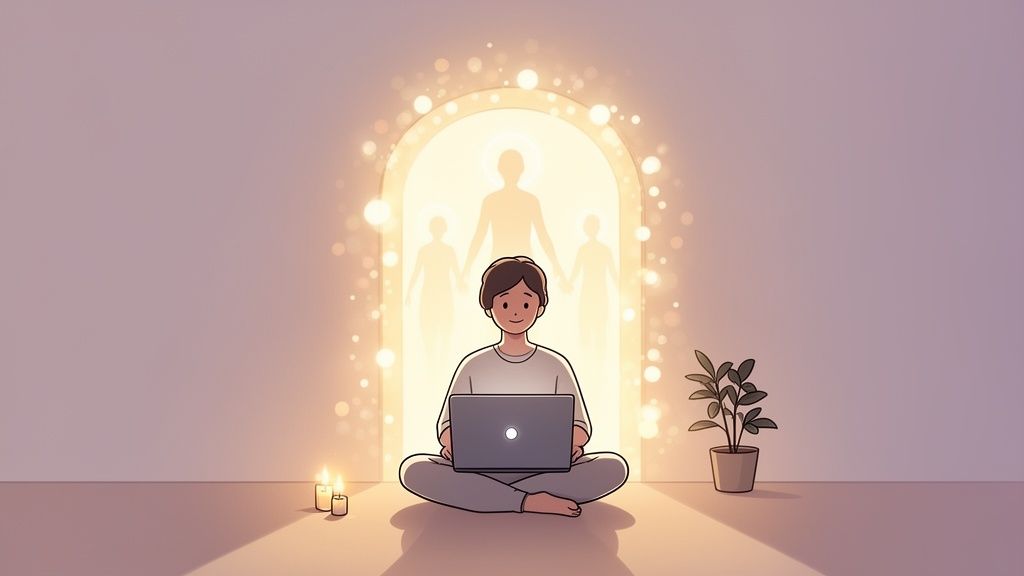 A person with a laptop sits cross-legged before a glowing archway with spiritual figures and lights.