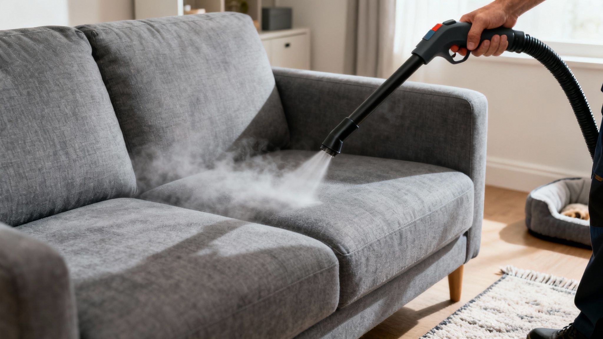 A person uses a steam cleaner to clean a grey fabric sofa, releasing white steam.