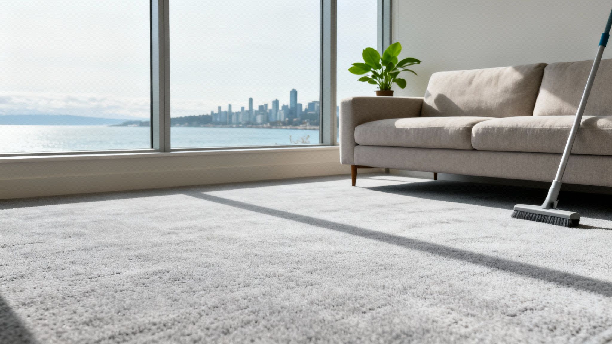 A modern living room with a clean, grey shag carpet and a broom, overlooking Vancouver.