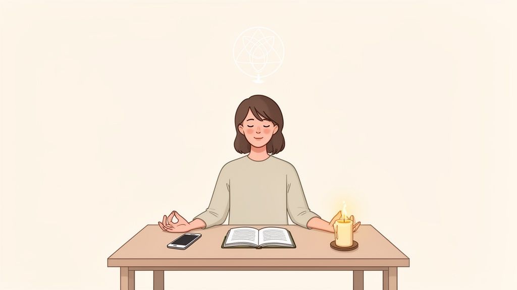 Serene woman meditating with a symbolic aura, open book, smartphone, and glowing candle.