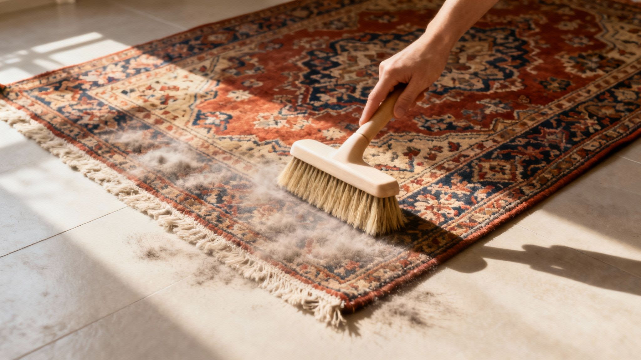 A person gently washing a Persian rug with a soft brush and sudsy water.