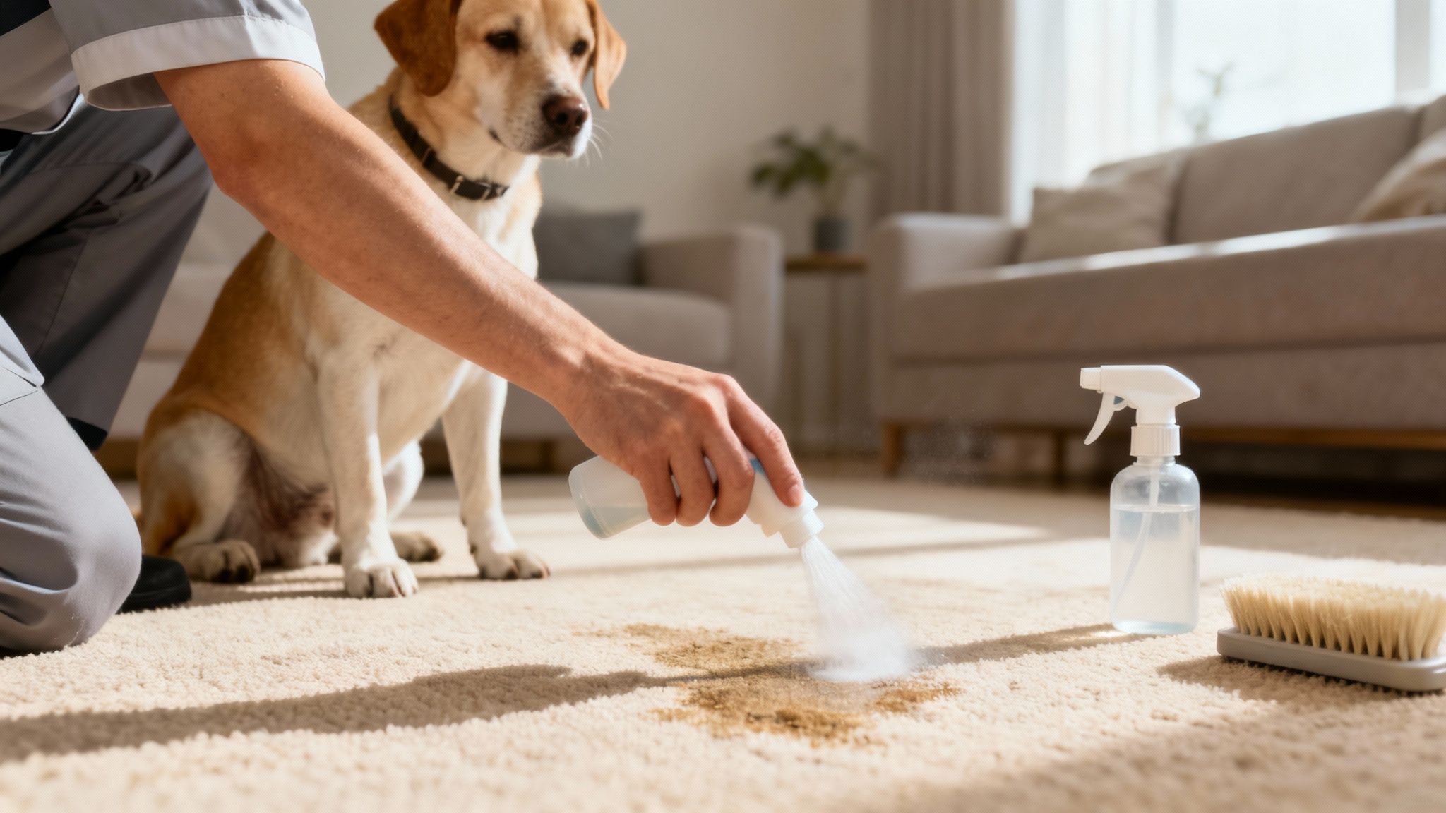 Person cleaning pet stain on carpet with spray bottle while yellow labrador dog watches nearby