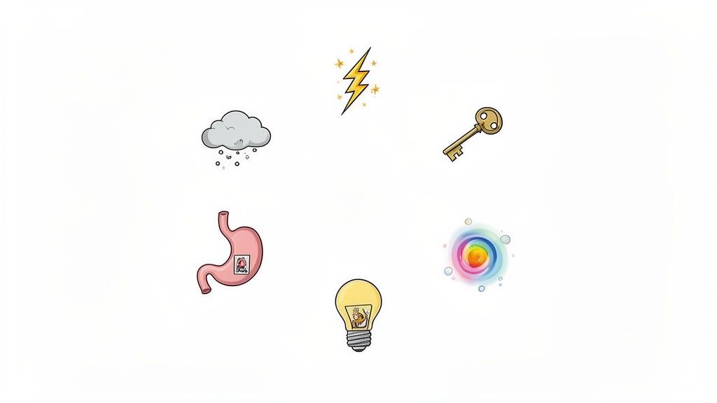 Six cartoon icons representing concepts like intuition, ideas, and solutions are arranged in a circle.