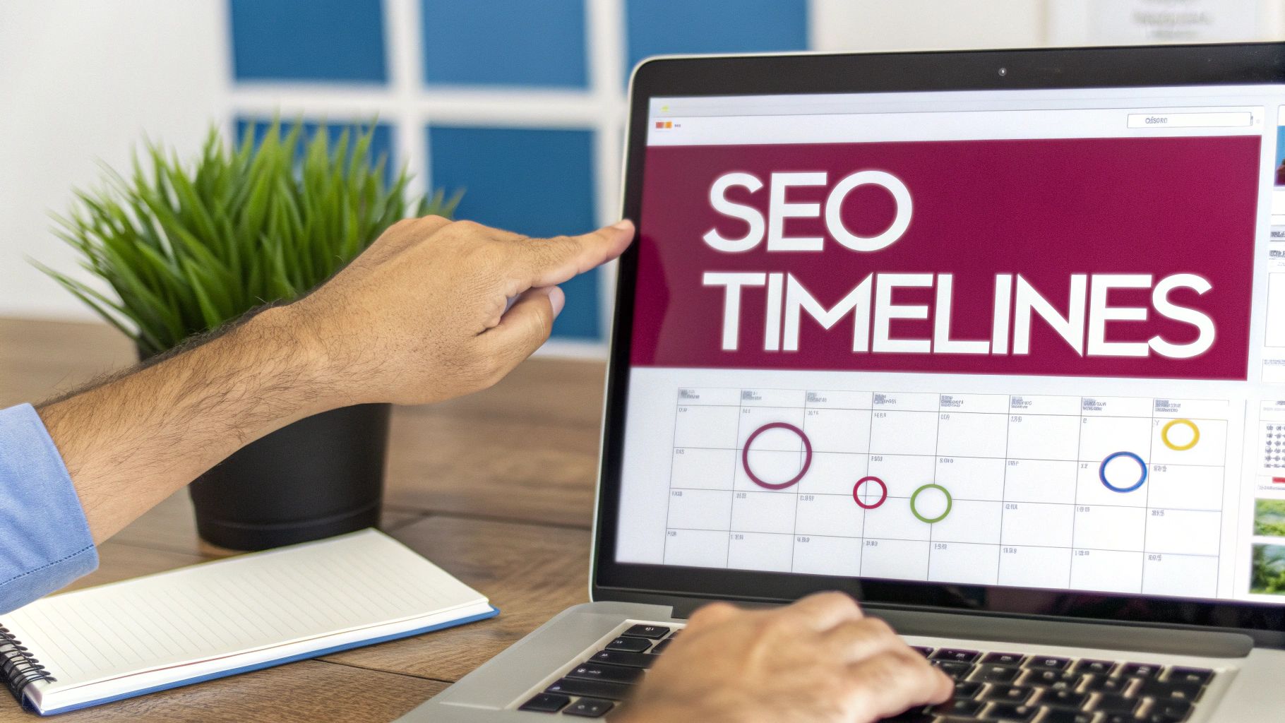 A person's hands working on a laptop displaying 'SEO TIMELINES' and a visual calendar with colorful circles.