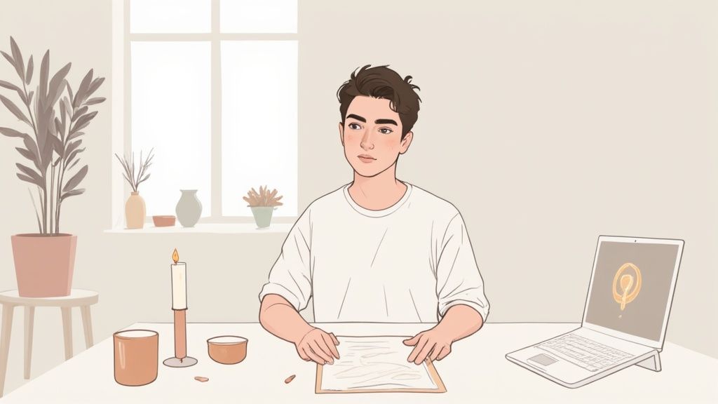 Young man writing in journal at desk with laptop, candle, and plants in peaceful home setting