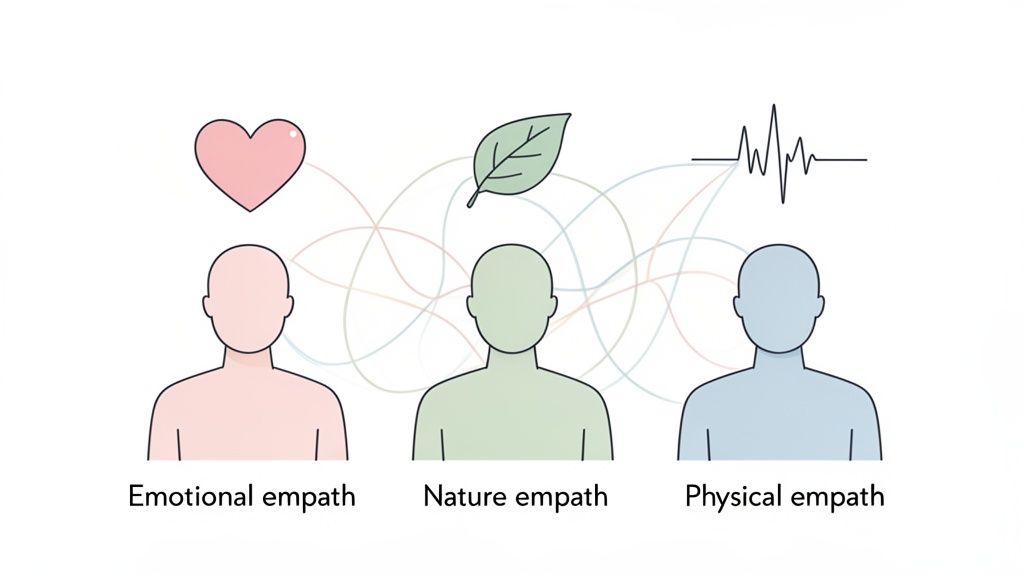 Illustration of three types of empaths: emotional, nature, and physical, each with a symbolic icon.
