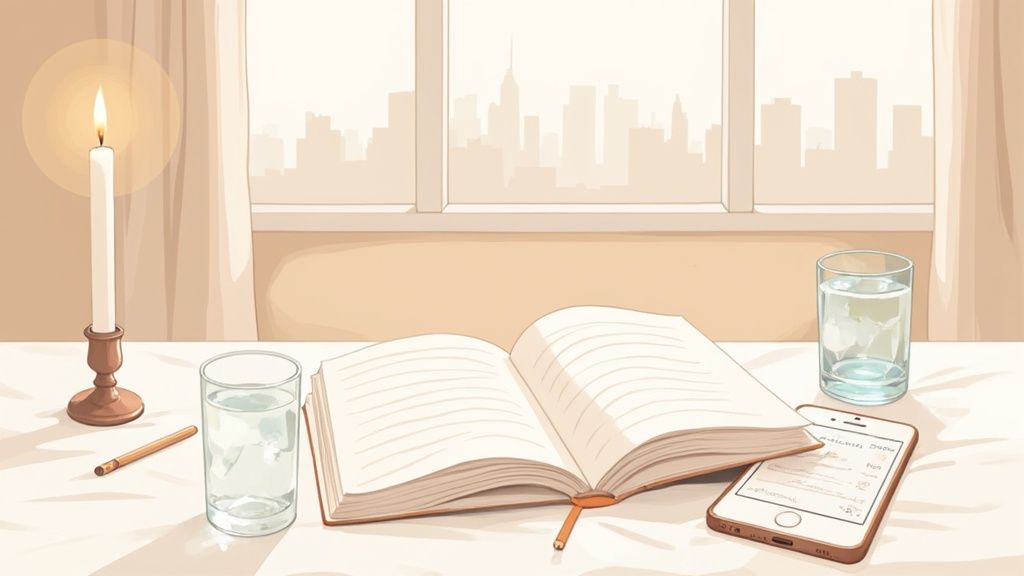 A serene desk setup with a lit candle, open notebook, water glasses, pencil, and phone.